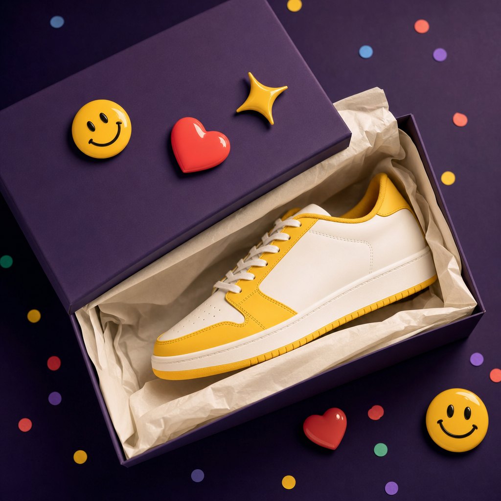 An open shoebox with tissue paper, a brand-new sneaker and glossy emoji stickers